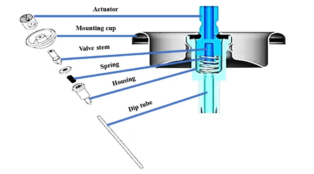 Valve and actuator, ThePharmapedia, Pharmapedia, The pharmapedia, Mounting Cap, Valve stem, Spring, Housing, Dip Tube,